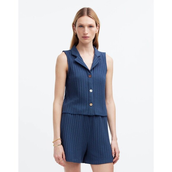 Madewell Mixed Button Front Ribbed Polo Tank Deep Shadow Sleeveless Size XXL - Picture 1 of 9
